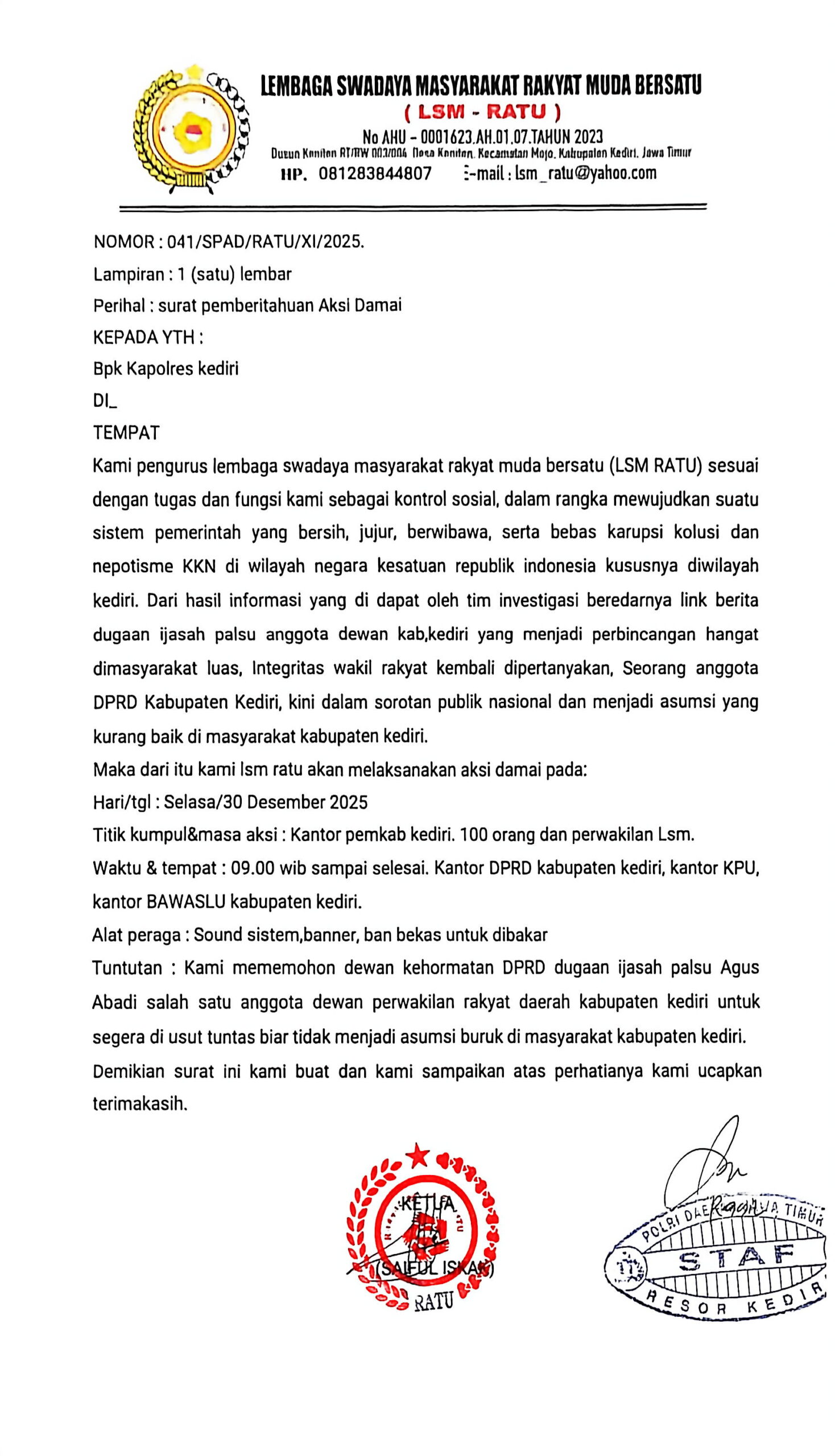 LSM Ratu Desak Kasus Ijazah Palsu DPRD Kediri Segera Dituntaskan, Diagendakan Demo Akhirnya Audiensi dengan Ketua Dewan