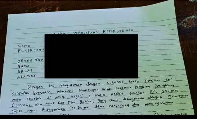 Dugaan Pungutan Berkedok “Sumbangan” di Sekolah Negeri Kota Kediri, Jargon Sekolah Gratis Dipertanyakan 1 Salah satu surat pernyataan kesediaan memberikan sumbangan senilai Rp125 ribu per siswa setiap bulan.