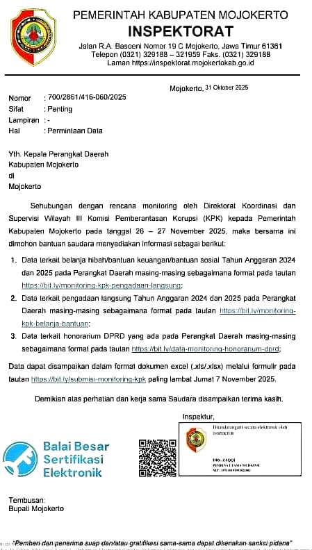 KPK Dijadwalkan Datang ke Pemkab Mojokerto Akhir November Periksa Semua Kepala OPD, FKI-1 Siapkan Tambahan Dokumen Laporan