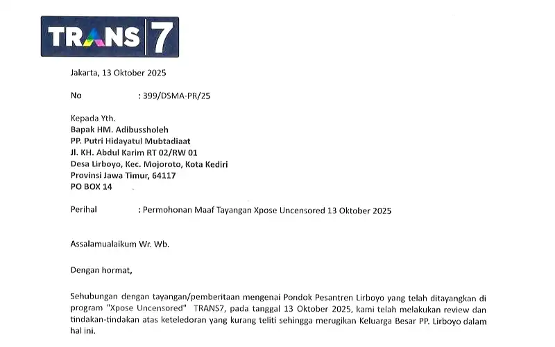 Trans7 Resmi Sampaikan Permintaan Maaf Tertulis kepada PP Lirboyo atas Tayangan Xpose Uncensored 1 Trans7 Resmi Sampaikan Permintaan Maaf Tertulis kepada PP Lirboyo atas Tayangan Xpose Uncensored