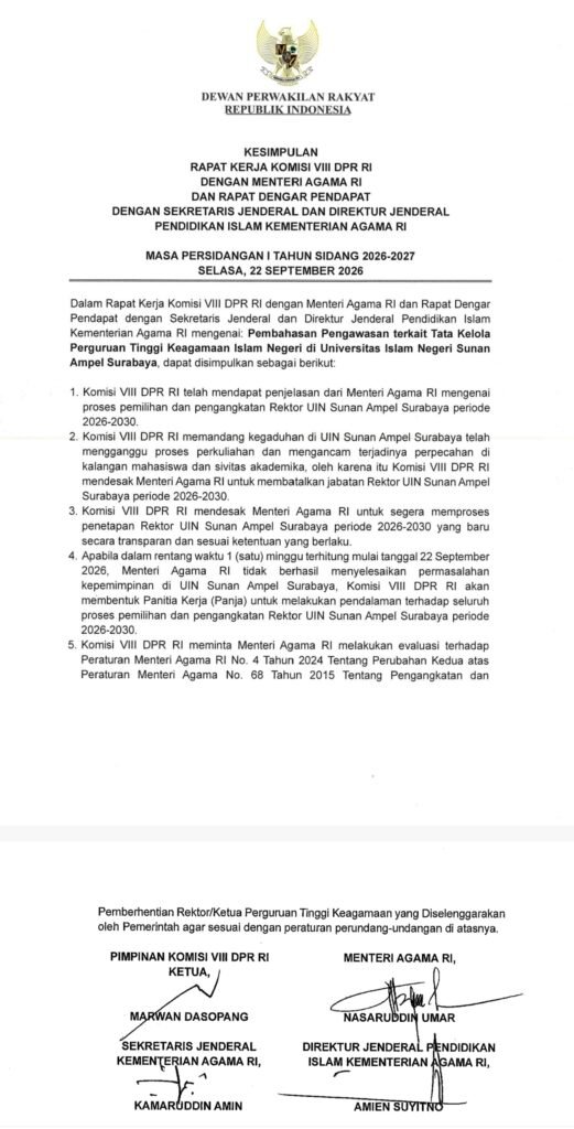 RDP Komisi VIII DPR Putuskan Menag untuk Tangguhkan Pengangkatan Rektor UINSA Akh. Muzakki