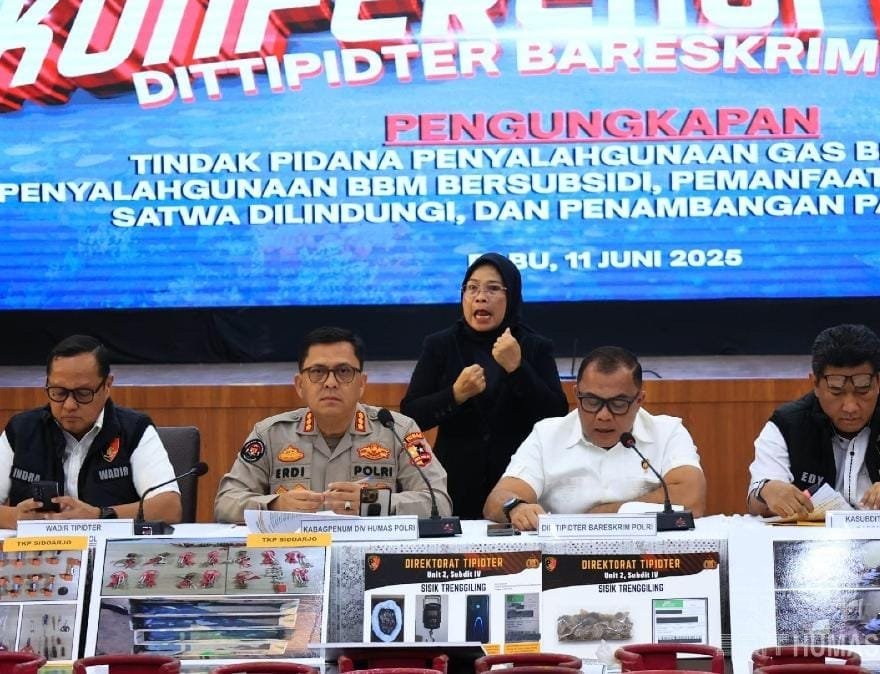 Konferensi pers pengungkapan tindak pidanan penyalahgunaan gas bersubsidi, BBM bersubsidi, pemanfaatan bagian tubuh satwa dilindungi, dan penambangan pasir ilegal.