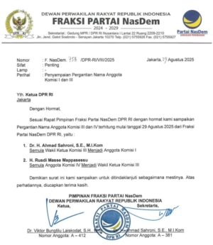 NasDem Geser Ahmad Sahroni dari Pimpinan Komisi III DPR, Digantikan Rusdi Masse 32 Surat resmi yang dikeluarkan oleh Fraksi Partai NasDem terkaita melakukan rotasi internal di parlemen dengan mengganti Ahmad Sahroni dari jabatannya sebagai Wakil Ketua Komisi III DPR RI.