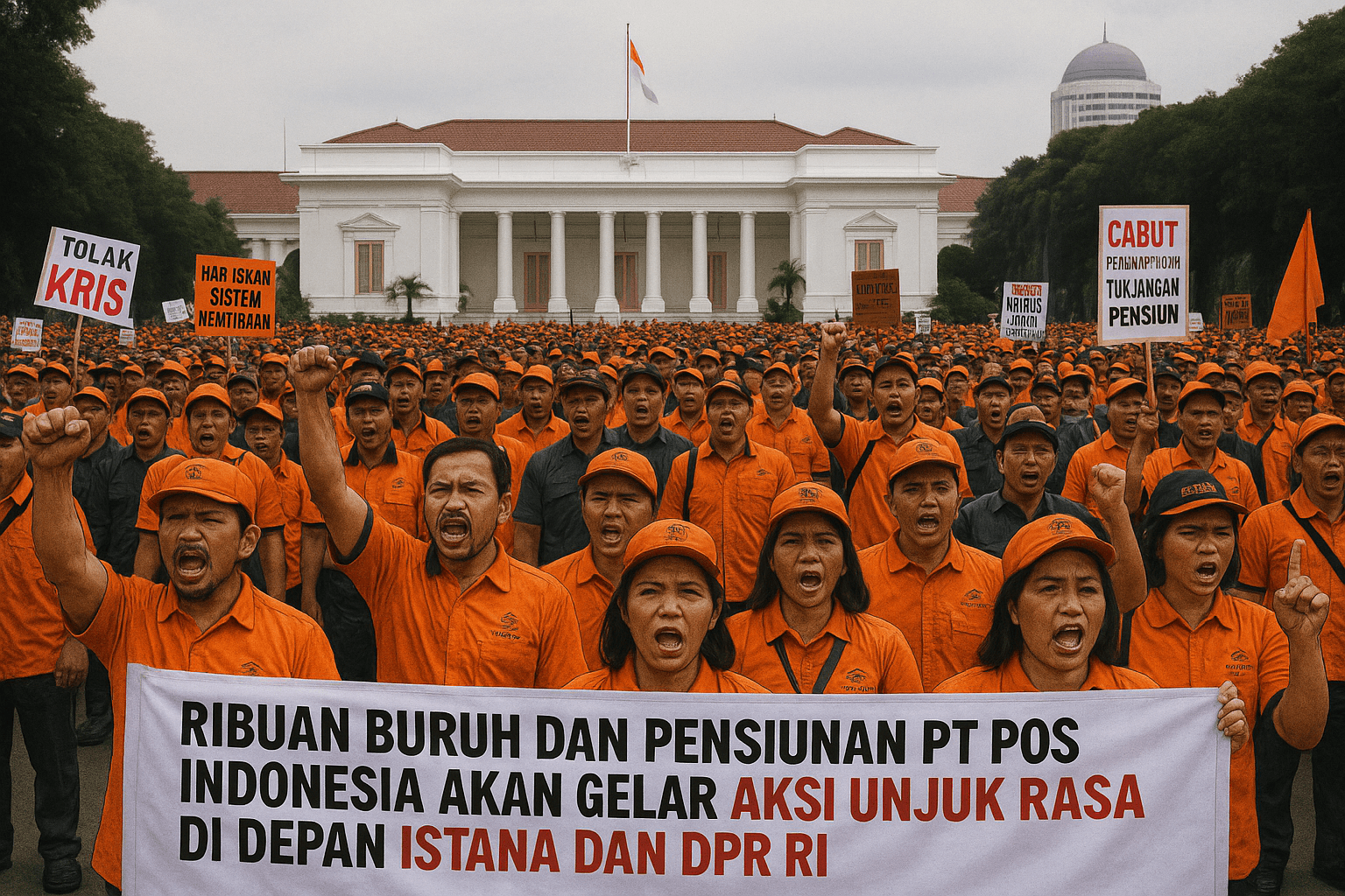 Ilustrasi Ribuan buruh yang tergabung dalam Koalisi Serikat Pekerja–Partai Buruh (KSP-PB) bersama sejumlah pensiunan PT Pos Indonesia (Persero) akan menggelar aksi unjuk rasa besar-besaran di depan Istana Negara dan Gedung Dewan Perwakilan Rakyat (DPR) RI pada Selasa, 3 Juni 2025.
