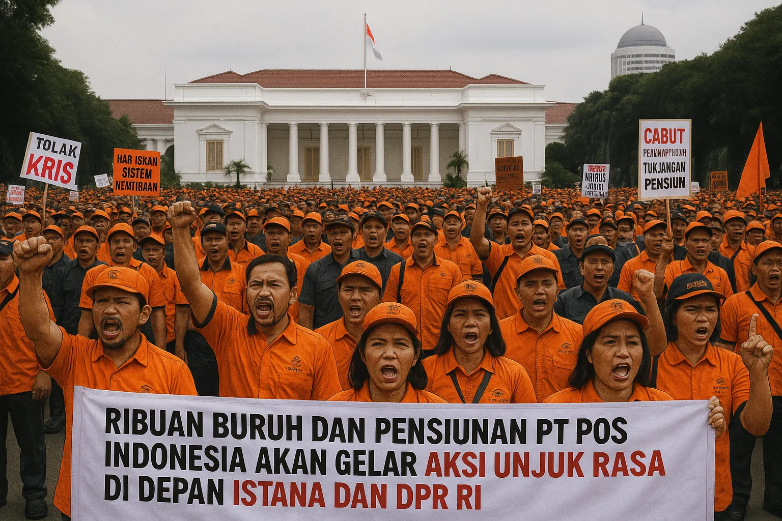 Ilustrasi Ribuan buruh yang tergabung dalam Koalisi Serikat Pekerja–Partai Buruh (KSP-PB) bersama sejumlah pensiunan PT Pos Indonesia (Persero) akan menggelar aksi unjuk rasa besar-besaran di depan Istana Negara dan Gedung Dewan Perwakilan Rakyat (DPR) RI pada Selasa, 3 Juni 2025.